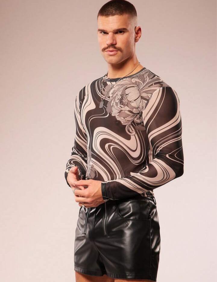 Men's Printed Floral Print Sheer Croppes Long Sleeve Tees